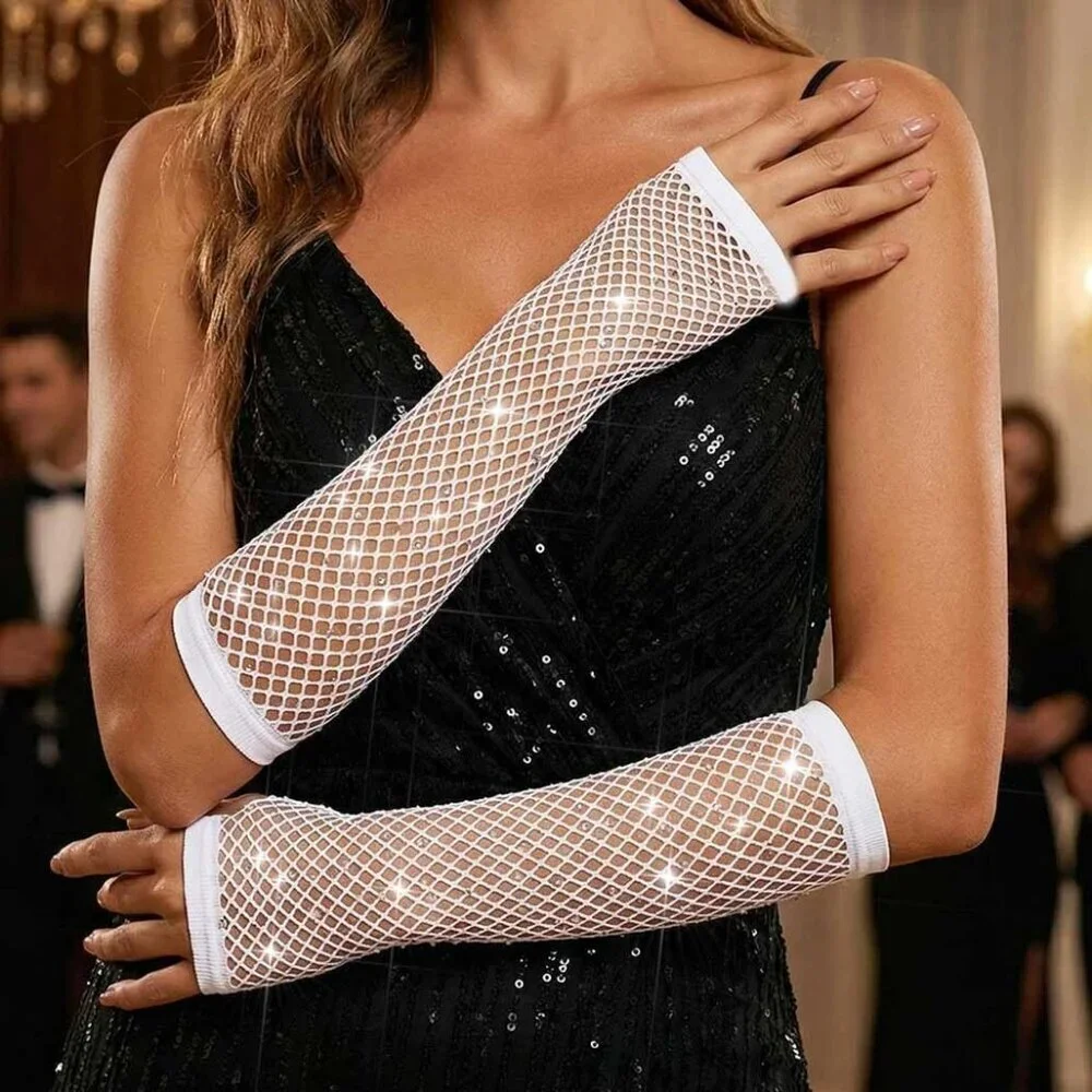 Women's Fingerless Rhinestone Sparkly White Rave Mesh Gloves Fishnet Party Prom